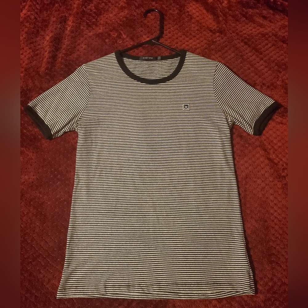 Obey Black and White Striped Short Sleeve Tee